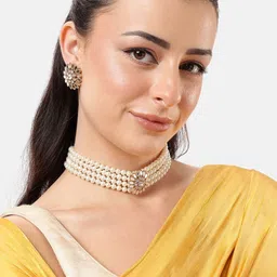 DressBerry Women White Gold-Plated Pearls & Kundan Beaded Brass Choker Necklace & Earrings-picture-14