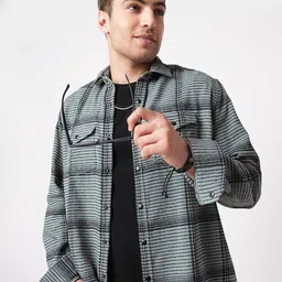 VASTRADO Men Fossil Grey Checked Slim Fit Double Flap Pocket Textured Casual Shirt image 2