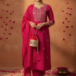 SZN Women Floral Embroidered Regular Chanderi Silk Kurta with Trousers & With Dupatta-picture-46