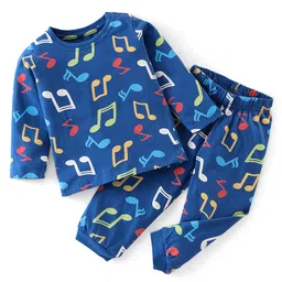Babyhug Cotton Knit Full Sleeves Musical Notes Printed Night Suit - Blue-picture-16