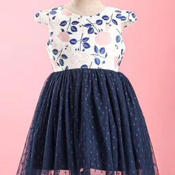 Mark & Mia Cap Sleeves Partywear Frock With Floral Print - White & Navy Blue-picture-14