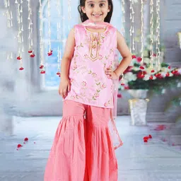 Little Bansi Sleeveless Floral Embroidered & Tassel Work Detailed Kurta Sharara With Dupatta - Coral-picture-11