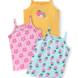 Babyhug 100% Cotton Knit Singlet Sleeves Floral & Strawberry Printed Slips Pack of 3 - Blue Yellow & Pink-image-95