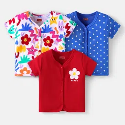 Babyhug 100% Cotton Knit Half Sleeves Front Open Vests with Polka Dots & Floral Print Pack of 3 - Red & Navy Blue-picture-33