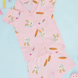Pantaloons Junior Cotton Knit Half Sleeves Bunny Printed Coordinating Night Wear Set - Cloud Pink-picture-10