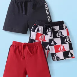Babyhug Cotton Single Jersey Knit Mid Thigh Length Shorts with Nautical Theme Print & Tape Detailing Pack of 3 - Black & Red-picture-35