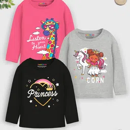 Trampoline Pack Of 3 Full Sleeves Giraffe & Unicorn Printed Tees - Pink Black & Grey-picture-17