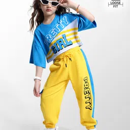 Ollington St. 100% Cotton Half Sleeves Top & Joggers Set with Text Print - Blue & Yellow-picture-27