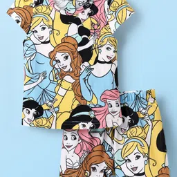 Babyhug Disney Single Jersey Knit Half Sleeves Co-ords Shorts Night Suit with Disney Princess Graphics - White-picture-10