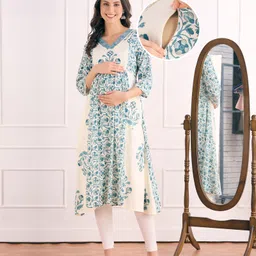 Bella Mama Woven Three Fourth Sleeves With Contrast Yoke Maternity Kurta with Floral Print - Blue-picture-23