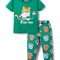 Babyhug Cotton Knit Half Sleeves Night Suit With Tiger Print - Green-picture-22