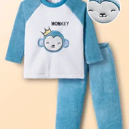 Mark & Mia Fur Woven Full Raglan Sleeves Winter Wear Night Suit with Monkey Embroidery - Blue & White-picture-23