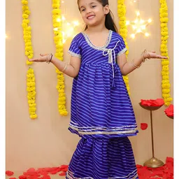BownBee Cotton Woven Half Sleeves Lehriya Printed & Gota Lace Embellished Kurti & Sharara Set - Blue-picture-14