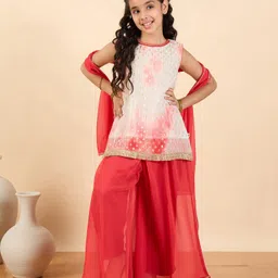 StyloBug Woven Sleeveless Ethnic Foil Motifs Printed Pleated Kurti Palazzo With Dupatta Set - Red-picture-27