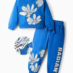 OLLINGTON ST. Cotton Full Sleeves Floral Printed Sweatshirt & Joggers Set - Royal Blue-picture-13