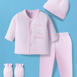 I Bears Interlock Woven Full Sleeves Night Suit Cap & Mittens With Text Print - Pink-picture-21
