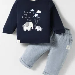 Ollypop Interlock Knit Full Sleeves T-Shirt & Lounge Pant Set With Elephant Patch & Embroidery - Navy Blue & Light Blue-picture-14