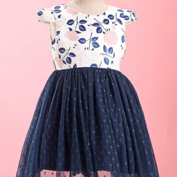 Mark & Mia Cap Sleeves Partywear Frock With Floral Print - White & Navy Blue image 2