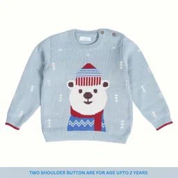 kids of greendeer Greendeer 100% Cotton Full Sleeves Polar Bear Designed & Striped Sweater & Pant With Cap Set - Blue & Red image 3