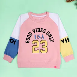 Kiddopanti Fleece Knit Full Raglan Sleeves Good Vibes Only Text Printed Light Winter Sweatshirt With Cargo Pants Set - Peach Blue Yellow Blue & Black image 3