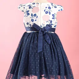 Mark & Mia Cap Sleeves Partywear Frock With Floral Print - White & Navy Blue image 3