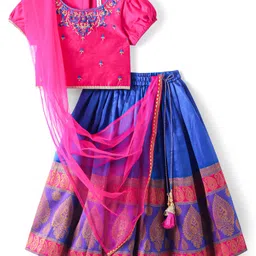 Babyhug Brocade Woven Half Puffed Sleeves Floral Embroidered Pattu Pavada Choli Lehenga Set with Dupatta -Blue image 3