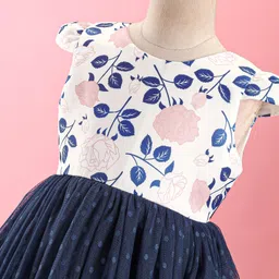 Mark & Mia Cap Sleeves Partywear Frock With Floral Print - White & Navy Blue image 4