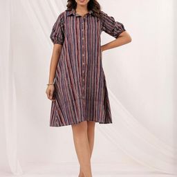 Janasya Women Multicolor Pure Cotton Striped A-line Dress-picture-2