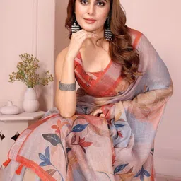 SP TEXTILE CLOTHES Floral Linen Blend Handloom Saree image 5