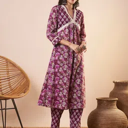 FASHOR Women Ethnic Motifs Printed Regular Mirror Work Pure Cotton Kurta with Trousers image 2
