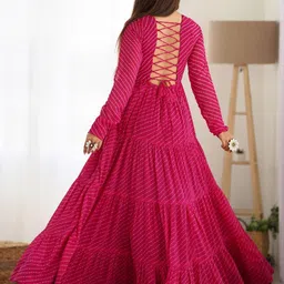 THE52 Leheriya Printed Thread Work Pure Georgette Thread Work Tiered Anarkali Kurti image 3