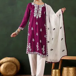 HERE&NOW Floral Embroidered Straight Thread Work Kurta With Salwar And Dupatta-picture-40