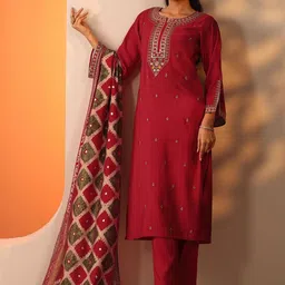 Libas Floral Embroidered Notch-Neck Thread Work Straight Kurta With Trousers And Dupatta image 4