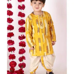 Little Bansi Full Sleeves Herringbone Motif Print Kurta And Dhoti - Yellow And Cream-picture-25