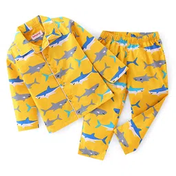 Babyhug Cotton Woven Full Sleeves Night Suit With Sharks Print - Yellow-picture-38