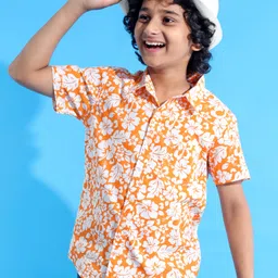 Pine Kids Cotton Half Sleeves Shirt Floral Print - Orange-image-14