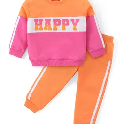 Babyhug Cotton Knit Full Sleeves Text Printed Top & Lounge Pants Set - Orange & Pink-picture-25