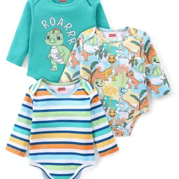 Babyhug 100% Cotton Knit Full Sleeves Onesies Dino Print Pack of 3 - Multicolour-picture-22