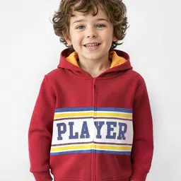 Babyhug Cotton Knit Full Sleeves Text Printed  With Quilting Detailing Hooded Sweatjacket & Front Zipper - Red-picture-27