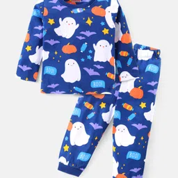 Babyhug Cotton Knit Full Sleeves Night Suit With Halloween Theme Print - Navy-picture-18