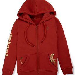 GINI & JONY Cotton Knit Full Sleeves Front Open Hooded Sweatjacket with Jaguar & Text Foil Print - Orange-picture-40