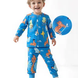 Babyoye 100% Cotton Interlock Knit Full Sleeves Eco Jiva Finish Co-ords Night Suit with Animal Print - Blue-picture-37