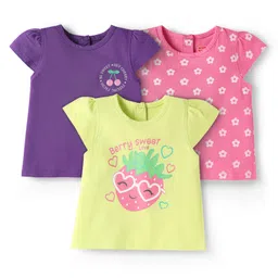 Babyhug Cotton Knit Cap Sleeves T-Shirts with Floral & Fruits Print Pack of 3 - Purple Pink & Limegreen-picture-34