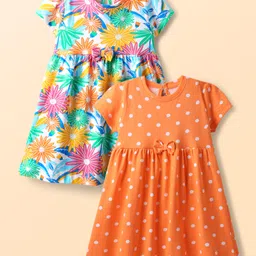 Babyhug Single Jersey Knit Half Sleeves Frocks with Polka Dot & Floral Print & Bow Applique Pack of 2 - Orange & Light Green-picture-10