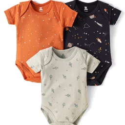 I Bears Interlock Knit Half Sleeves Onesies With Space Theme Print Pack Of 3 - Orange & Navy Blue-picture-30
