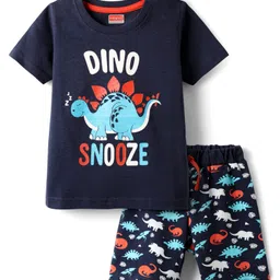 Babyhug Cotton Knit Half Sleeves Shorts Night Suit With Dino Print - Navy Blue-picture-25