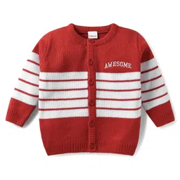 Babyhug Knitted Full Sleeves Front Open Sweater with Stripes & Text Embroidery - Dark Red-picture-12