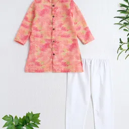 The Magic Wand Woven Full Sleeves Floral Printed Kurta & Pyjama Set - Peach-picture-14