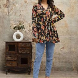 LABEL ADRIJA Floral Printed V-Neck Pure Cotton Anarkali Kurti-picture-0