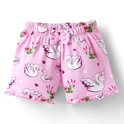 Babyoye 100% Cotton Knit With Eco Jiva Finish Swan & Floral Printed Shorts With Bow Applique Pack of 3 - Pink & Yellow image 4